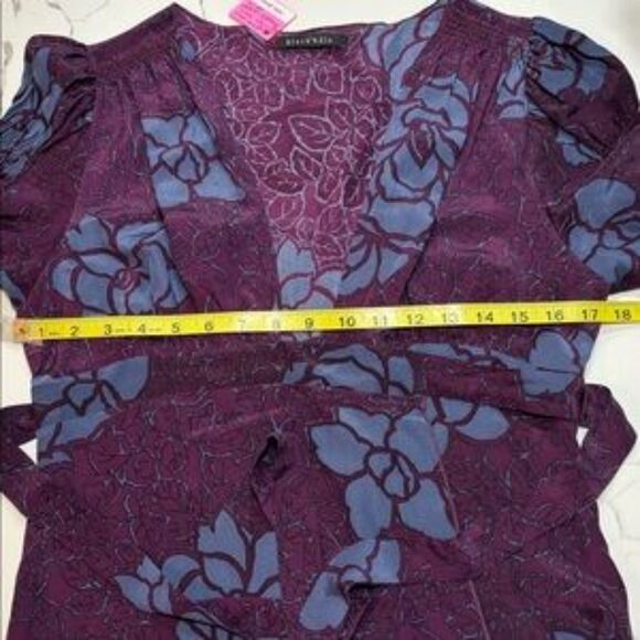 Black Halo | Silk Tunic Style Women’s Purple Floral Print Wrap Blouse Top Size M - Picture 15 of 16